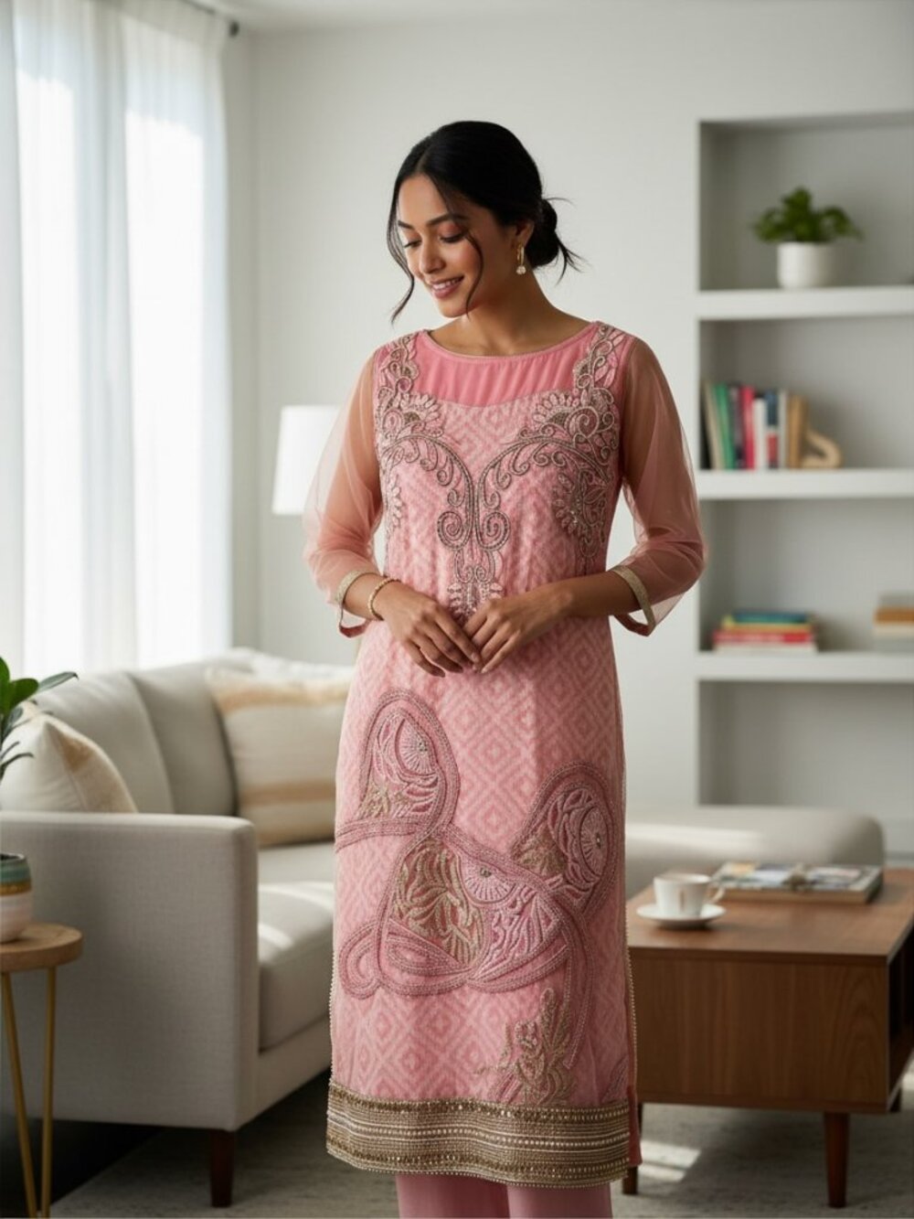 Pastel Pink Heavy Embellished Eid Tunic Kurti - Size 32 - Gently Used
